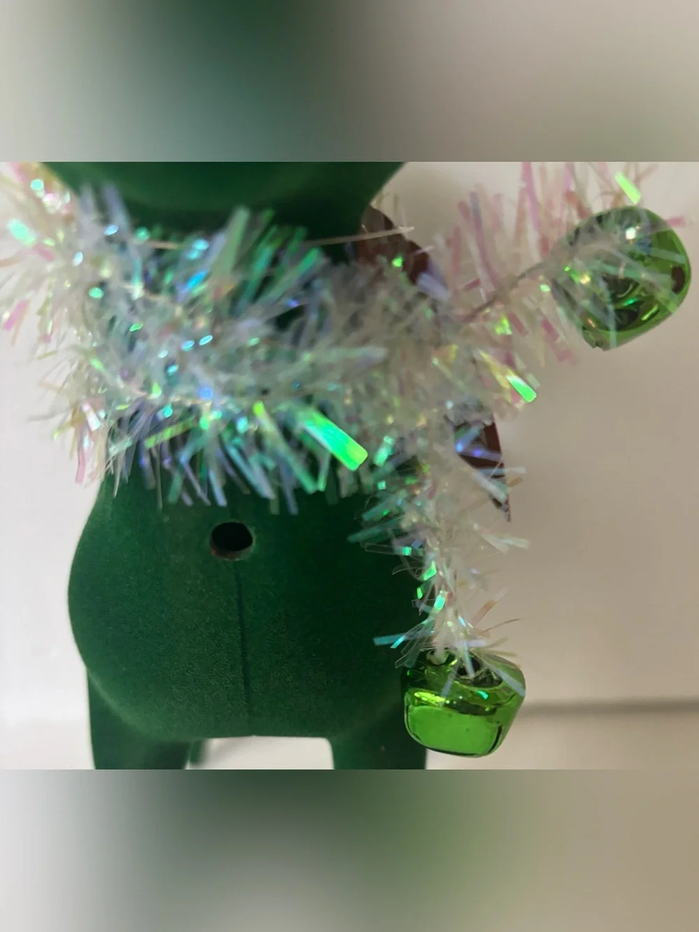 flocked large Christmas Reindeer tabletop decor NEW NWT green tinsel bells